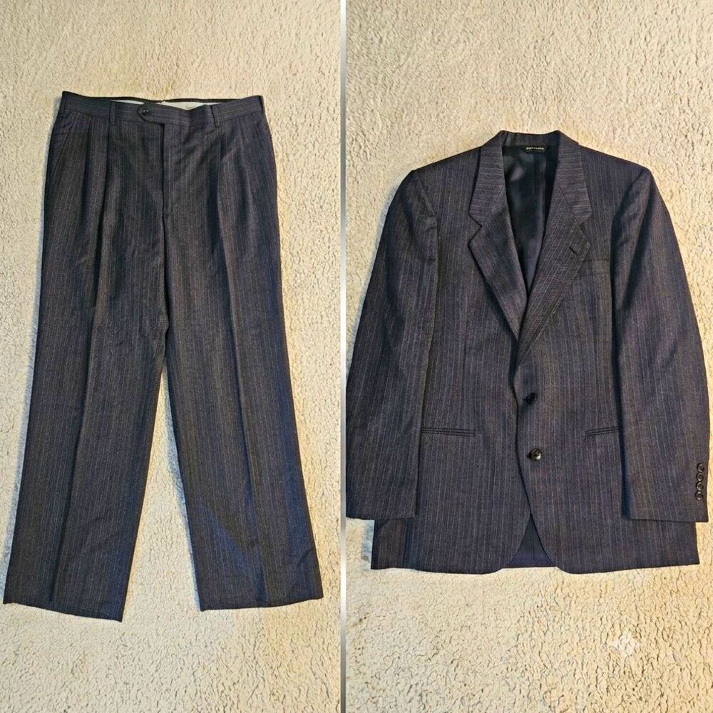 VTG 80s Pierre Cardin 2 Piece Suit USA Made Grey Pinstripe 100% Wool 42R 34x31